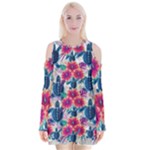 Tropical Flowers Turtles CBDOilPrincess Edf1ea6f-2cc5-4f0b-a5cc-9c146c7d79e4 Velvet Long Sleeve Shoulder Cutout Dress