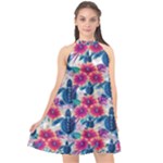 Tropical Flowers Turtles CBDOilPrincess Edf1ea6f-2cc5-4f0b-a5cc-9c146c7d79e4 Halter Neckline Chiffon Dress 