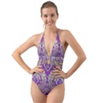 Purple & Gold  CBDOilPrincess E70d1a7c-502f-48a3-839e-eea25bfe4633 Halter Cut-Out One Piece Swimsuit