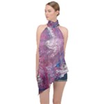 Violet feathers Halter Asymmetric Satin Top