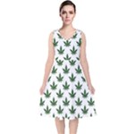 Weed at white, ganja leafs pattern, 420 hemp regular theme V-Neck Midi Sleeveless Dress 