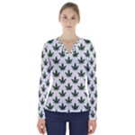 Weed at white, ganja leafs pattern, 420 hemp regular theme V-Neck Long Sleeve Top