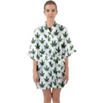 Weed at white, ganja leafs pattern, 420 hemp regular theme Half Sleeve Satin Kimono 