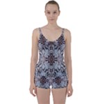 Turquoise Black Arabesque Repeats Tie Front Two Piece Tankini