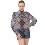 Turquoise Black Arabesque Repeats High Neck Long Sleeve Chiffon Top