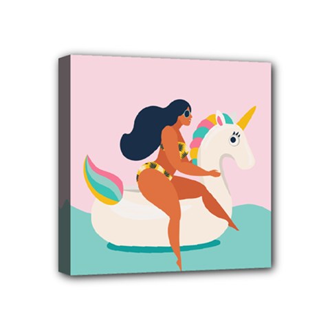 unicorn swimming Mini Canvas 4  x 4  (Framed) from ArtsNow.com