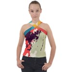 Abstract Colorful Pattern Cross Neck Velour Top