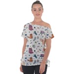 Funny Cats Off Shoulder Tie-Up Tee