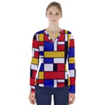 Stripes And Colors Textile Pattern Retro V-Neck Long Sleeve Top