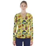 Tropical Island Tiki Parrots, Mask And Palm Trees V-Neck Long Sleeve Top