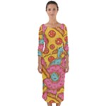 Fast Food Pizza And Donut Pattern Quarter Sleeve Midi Bodycon Dress