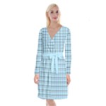 Sky blue tartan plaid pattern, with black lines Long Sleeve Velvet Front Wrap Dress