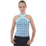 Sky blue tartan plaid pattern, with black lines Cross Neck Velour Top