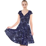 Geometric Dark Blue Abstract Print Pattern Cap Sleeve Front Wrap Midi Dress
