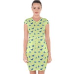 Blue butterflies at lemon yellow, nature themed pattern Capsleeve Drawstring Dress 