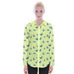 Blue butterflies at lemon yellow, nature themed pattern Womens Long Sleeve Shirt
