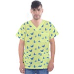 Blue butterflies at lemon yellow, nature themed pattern Men s V-Neck Scrub Top