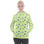 Blue butterflies at lemon yellow, nature themed pattern Women s Hooded Pullover