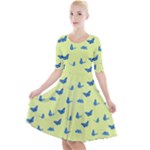 Blue butterflies at lemon yellow, nature themed pattern Quarter Sleeve A-Line Dress