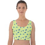 Blue butterflies at lemon yellow, nature themed pattern Velvet Crop Top