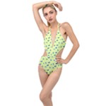 Blue butterflies at lemon yellow, nature themed pattern Plunging Cut Out Swimsuit