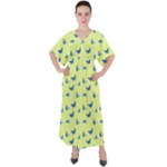 Blue butterflies at lemon yellow, nature themed pattern V-Neck Boho Style Maxi Dress