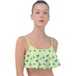 Blue butterflies at lemon yellow, nature themed pattern Frill Bikini Top