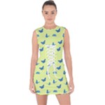 Blue butterflies at lemon yellow, nature themed pattern Lace Up Front Bodycon Dress