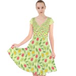Vector Fruits pattern, pastel colors, yellow background Cap Sleeve Front Wrap Midi Dress