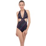 Dark Multicolored Striped Print Design Dark Multicolored Striped Print Design Halter Front Plunge Swimsuit
