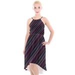 Dark Multicolored Striped Print Design Dark Multicolored Striped Print Design High-Low Halter Chiffon Dress 