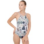 Mosaic Print High Neck One Piece Swimsuit