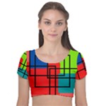 Colorful Rectangle boxes Velvet Short Sleeve Crop Top 