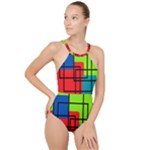 Colorful Rectangle boxes High Neck One Piece Swimsuit