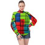 Colorful Rectangle boxes High Neck Long Sleeve Chiffon Top