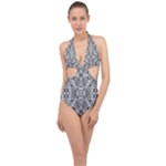 Black And White Ornate Pattern Halter Front Plunge Swimsuit