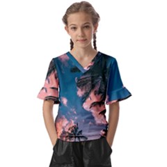 Kids  V-Neck Horn Sleeve Blouse 