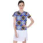 Shapes on a blue background                                                         Women s Mesh Sports Top
