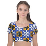 Shapes on a blue background                                                        Velvet Short Sleeve Crop Top