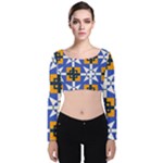 Shapes on a blue background                                                          Velvet Long Sleeve Crop Top