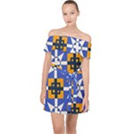 Shapes on a blue background                                                         Off Shoulder Chiffon Dress
