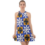 Shapes on a blue background                                                              Halter Tie Back Chiffon Dress