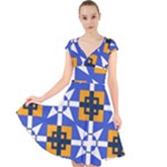 Shapes on a blue background                                                             Cap Sleeve Front Wrap Midi Dress