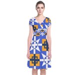 Shapes on a blue background                                                           Short Sleeve Front Wrap Dress