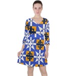 Shapes on a blue background                                                           Quarter Sleeve Ruffle Waist Dress