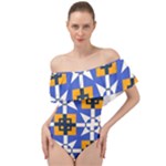 Shapes on a blue background                                                               Off Shoulder Velour Bodysuit