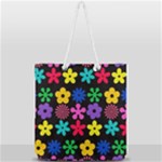 Colorful flowers on a black background pattern                                                        Full Print Rope Handle Tote (Large)