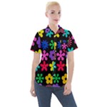 Colorful flowers on a black background pattern                                                          Women s Short Sleeve Pocket Shirt