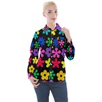 Colorful flowers on a black background pattern                                                           Women s Long Sleeve Pocket Shirt