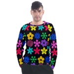 Colorful flowers on a black background pattern                                                          Men s Long Sleeve Raglan Tee